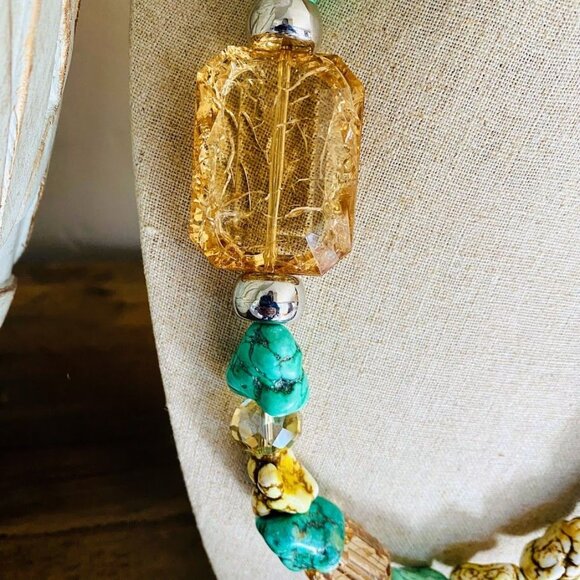 Chunky Boho Statement Necklace Turquoise-Look Howlite & Crackle Beads | 21” - Picture 3 of 6